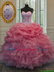 Custom Fit Watermelon Red Ball Gowns Beading and Pick Ups Ball Gown Prom Dress Lace Up Organza Sleeveless Floor Length