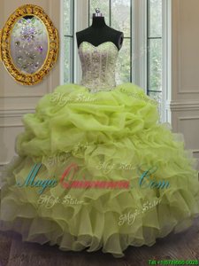 Popular Yellow Green Sleeveless Beading and Pick Ups Floor Length Quinceanera Dresses