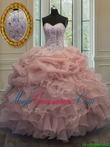 Baby Pink Sleeveless Floor Length Beading and Pick Ups Lace Up 15 Quinceanera Dress