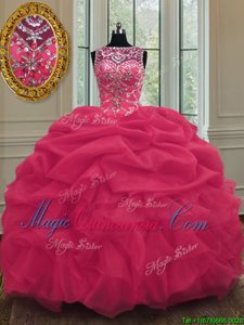 Captivating Coral Red Lace Up Scoop Beading and Pick Ups Quince Ball Gowns Organza Sleeveless