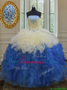 On Sale Sleeveless Organza Floor Length Lace Up 15 Quinceanera Dress in Blue And White for with Beading and Ruffles