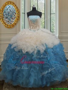 Floor Length Ball Gowns Sleeveless Blue And White Quinceanera Gown Side Zipper