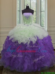 Beading and Ruffles Sweet 16 Quinceanera Dress White And Purple Lace Up Sleeveless Floor Length