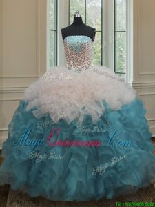 Lovely Blue And White Sleeveless Organza Lace Up Quinceanera Dresses for Military Ball and Sweet 16 and Quinceanera