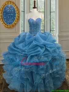 Blue Sleeveless Floor Length Beading and Ruffles Lace Up Sweet 16 Quinceanera Dress