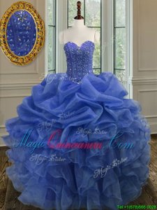Fancy Sweetheart Sleeveless Quince Ball Gowns Floor Length Beading and Ruffles Blue Organza