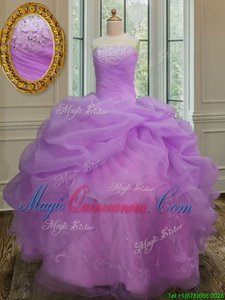 High Class Floor Length Lace Up Vestidos de Quinceanera Lilac and In for Military Ball and Sweet 16 and Quinceanera with Embroidery and Pick Ups