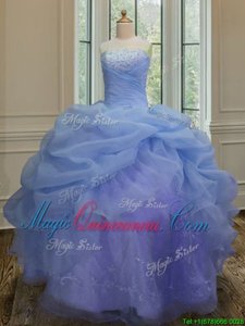 Pick Ups Ball Gowns Quinceanera Gown Blue Strapless Organza Sleeveless Floor Length Lace Up