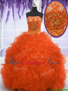 Sophisticated With Train Orange Red Quinceanera Gown Strapless Sleeveless Brush Train Lace Up