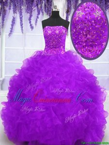 Chic Eggplant Purple Ball Gowns Strapless Sleeveless Organza With Brush Train Lace Up Beading and Appliques and Ruffles Ball Gown Prom Dress