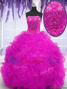 Excellent Fuchsia Sleeveless Brush Train Beading and Appliques and Ruffles With Train Quinceanera Gown