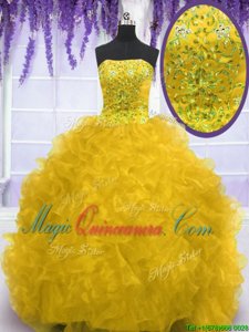 Gold Sleeveless Organza Brush Train Lace Up Sweet 16 Dress for Military Ball and Sweet 16 and Quinceanera