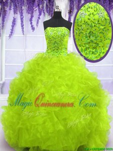 Yellow Green Column/Sheath Organza Strapless Sleeveless Beading and Appliques and Ruffles With Train Lace Up Ball Gown Prom Dress Brush Train
