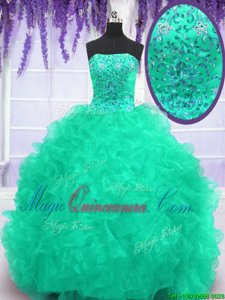 With Train Turquoise Sweet 16 Dress Organza Brush Train Sleeveless Beading and Appliques and Ruffles