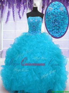 Aqua Blue Sleeveless Brush Train Beading and Ruffles With Train Vestidos de Quinceanera