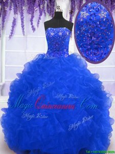 Brush Train Ball Gowns 15 Quinceanera Dress Royal Blue Strapless Organza Sleeveless With Train Lace Up