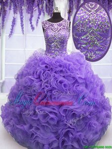 Scoop Lavender Ball Gowns Beading and Ruffles Quinceanera Gown Lace Up Organza Sleeveless Floor Length