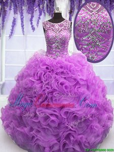 Sweet Scoop Lilac Organza Lace Up Quinceanera Dress Sleeveless Floor Length Beading and Ruffles