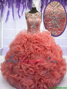 Scoop Beading and Ruffles Quinceanera Dress Coral Red Lace Up Sleeveless Floor Length