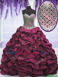 Floor Length Lace Up 15 Quinceanera Dress Burgundy and In for Military Ball and Sweet 16 and Quinceanera with Beading and Sequins and Pick Ups