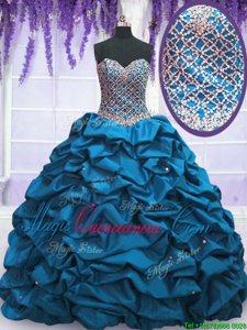Blue Lace Up Sweet 16 Dresses Beading and Sequins and Pick Ups Sleeveless Floor Length