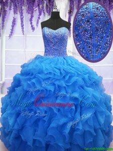 Dynamic Sleeveless Organza Floor Length Lace Up Quinceanera Gowns in Royal Blue for with Beading and Ruffles