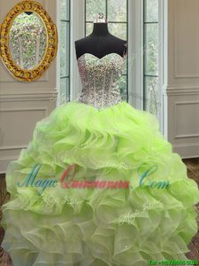 Fancy Sweetheart Sleeveless 15 Quinceanera Dress Floor Length Beading and Ruffles Yellow Green Organza