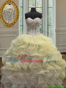 Sleeveless Floor Length Beading and Ruffles Lace Up 15th Birthday Dress with Light Yellow