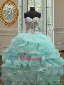 Apple Green Ball Gowns Organza Sweetheart Sleeveless Beading and Ruffles Floor Length Lace Up Vestidos de Quinceanera