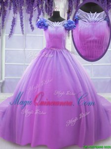 Fine Scoop Short Sleeves Floor Length Lace Up Quinceanera Gowns Lilac and In for Military Ball and Sweet 16 and Quinceanera with Hand Made Flower