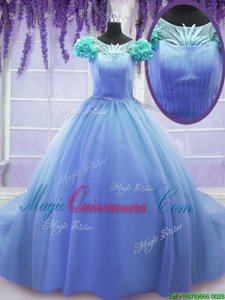 Scoop Hand Made Flower Vestidos de Quinceanera Purple Lace Up Short Sleeves Court Train