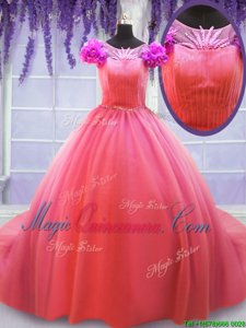 Extravagant Scoop Short Sleeves Court Train Hand Made Flower Lace Up Ball Gown Prom Dress