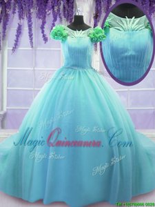 Scoop Blue Sweet 16 Quinceanera Dress Tulle Court Train Short Sleeves Hand Made Flower