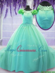 Captivating Turquoise Scoop Neckline Hand Made Flower Vestidos de Quinceanera Short Sleeves Lace Up