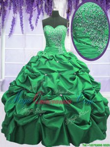 Floor Length Lace Up Sweet 16 Quinceanera Dress Green and In for Military Ball and Sweet 16 and Quinceanera with Beading and Pick Ups