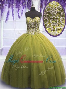 Eye-catching Ball Gowns Ball Gown Prom Dress Olive Green Sweetheart Tulle Sleeveless Floor Length Lace Up