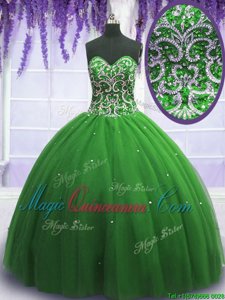 Superior Sleeveless Tulle Floor Length Lace Up Sweet 16 Quinceanera Dress in Green for with Beading