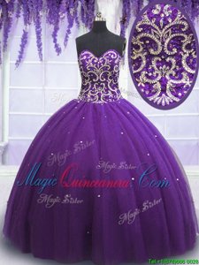Inexpensive Beading Sweet 16 Dresses Eggplant Purple Lace Up Sleeveless Floor Length