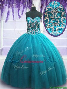 Clearance Teal Ball Gowns Tulle Sweetheart Sleeveless Beading Floor Length Lace Up 15 Quinceanera Dress