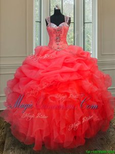Modest Straps Straps Coral Red Organza Zipper Quinceanera Dresses Sleeveless Floor Length Beading and Ruffles