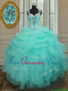 Latest Straps Straps Floor Length Apple Green Quince Ball Gowns Organza Sleeveless Beading and Ruffles