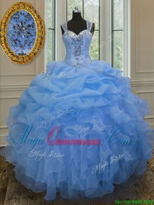 Organza Straps Sleeveless Zipper Beading and Ruffles Quince Ball Gowns in Blue