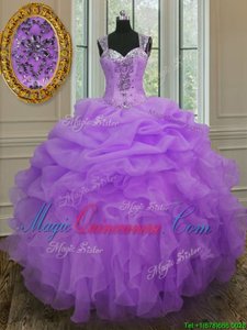 Elegant Lavender Ball Gowns Straps Sleeveless Organza Floor Length Zipper Beading and Ruffles Sweet 16 Dress
