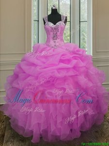 Sexy Lilac Ball Gowns Straps Sleeveless Organza Floor Length Zipper Beading and Ruffles Ball Gown Prom Dress