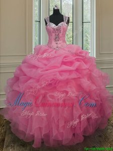 Dynamic Straps Straps Sleeveless Floor Length Beading and Ruffles Zipper Quince Ball Gowns with Baby Pink