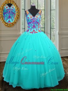 Sweet Sleeveless Floor Length Beading Zipper Quince Ball Gowns with Aqua Blue