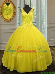 Adorable Tulle Sleeveless Floor Length Sweet 16 Quinceanera Dress and Beading