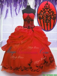 Perfect Red Strapless Neckline Embroidery and Pick Ups Sweet 16 Quinceanera Dress Sleeveless Lace Up