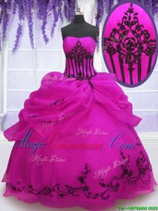 Fuchsia Ball Gowns Embroidery and Pick Ups Quinceanera Gowns Lace Up Organza Sleeveless Floor Length