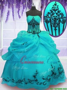 Luxury Floor Length Turquoise 15th Birthday Dress Organza Sleeveless Embroidery